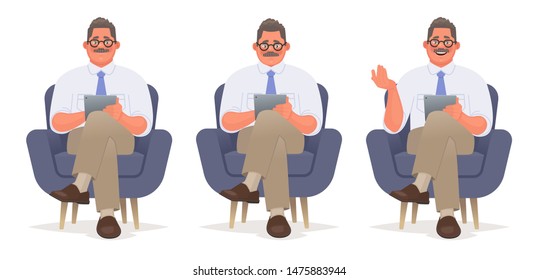 Businessman or consultant is sitting in a chair with a tablet in his hands. Reads and talks. Psychologist character. Vector illustration in cartoon style