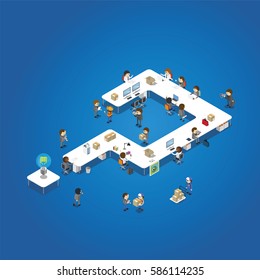 Businessman consultants to fix the problem on question mark table vector isometric