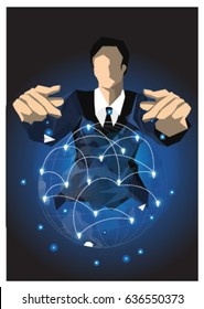 Businessman contact Control the world  concept Galaxy Black and Blue theme vector illustration