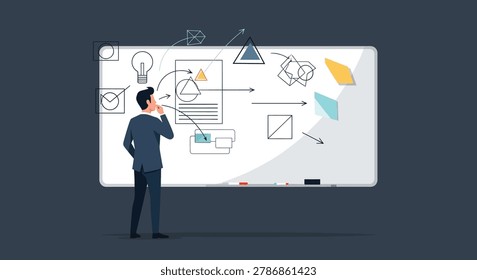 A businessman contemplates complex strategies visualized with diagrams, shapes, and arrows on a whiteboard, symbolizing planning and problem-solving.