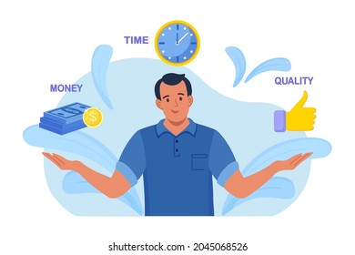 Businessman contemplating over conflicting interrelated values triangle. Time, money cost or quality question concept. Customer expectations for the service or product. Vector illustration 