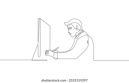 Hombre de negocios continuo una línea dibujando líneas negras aisladas sobre fondo blanco. Hombre que trabaja con el Vector del ordenador portátil Dibujo del arte de la línea. Manager Silhouette en estilo minimalista lineal