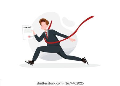 Businessman with contract in hand at a finishing line. Concept of successful business. 