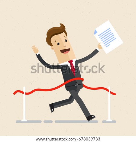 Businessman with contract in hand at a finishing line. Businessman cross a finish red ribbon. Concept of successful business. Vector, illustration, flat