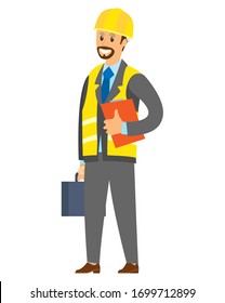 Businessman or contractor holding paper report and handbag, smiling manager or engineer wearing helmet and vest, building industry, worker vector