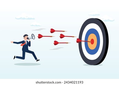 Businessman control dart to reach perfect target bullseye, marketing target strategy, leadership or skill to reach target or achievement, aiming for perfection winning, challenge or accuracy (Vector)