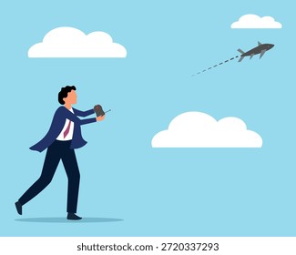 Empresário controlam voo na nuvem. Estratégia empresarial ou liderança para controlar a planície aérea. Escada de sucesso para atingir a meta, a conquista ou a oportunidade, o funcionário alcança o sucesso na carreira. Ilustração vetorial.