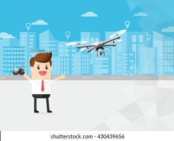 businessman control modern drone with camera flying in the sky on cityscape background. with copy space