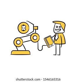businessman control robot cryptocurrency concept yellow doodle hand drawn