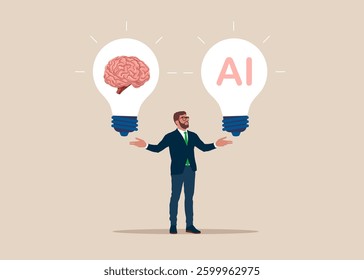 Businessman controlling artificial intelligence technology. Flat vector illustration