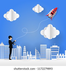 businessman controlling business,fly a space rocket kite,busienss illustration, paper art, digital craft