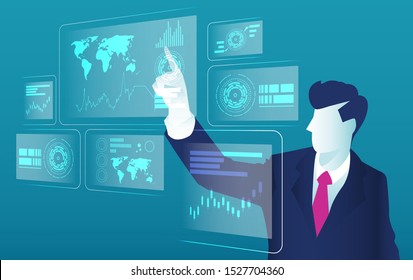 Businessman controlling futuristic hologram interface. Business vector concept illustration