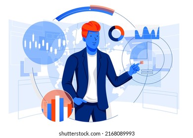 Businessman controlling futuristic hologram interface. Business vector concept illustration