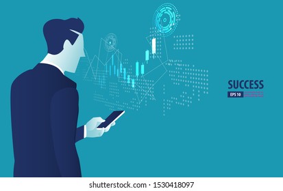 Businessman controlling  futuristic stock trading with smartphone concept. Business vector concept illustration