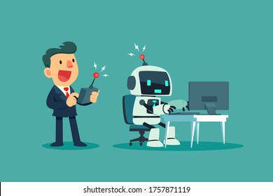 Businessman controlling a robot at office desk with remote control. Artificial intelligence technology business concept.