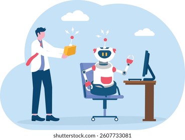Businessman controlling a robot at an office desk with remote control. Artificial intelligence technology business concept.

