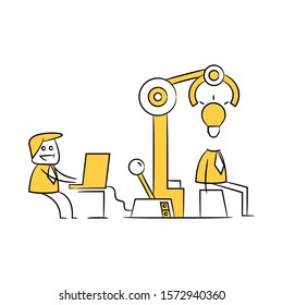 businessman controlling robot putting idea bulb to human brain yellow stick figure