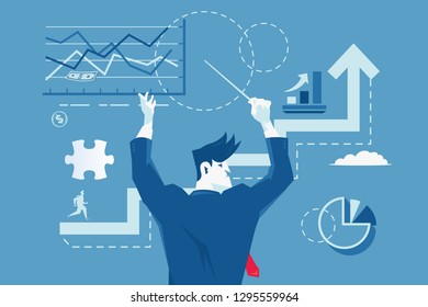 Businessman controls the graphics of profit success as a conductor of music. Vector business illustration.