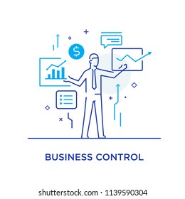 Businessman controls the interface of monitors. Workflow, growth, graphics. Business development, milestones, start-up. linear illustration Icons infographics. Landing page site print poster. Line