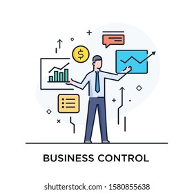 Businessman controls the interface of monitors. Workflow, growth, graphics. Business development, milestones, start-up. linear illustration Icons infographics. Landing page site print poster. Eps
