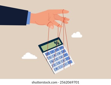 Businessman controls numbers in account and calculator. Loan calculation, budget allocation, expense and debt pay off or payment. Flat vector illustration