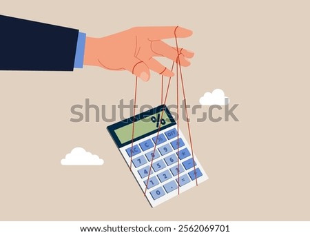 Businessman controls numbers in account and calculator. Loan calculation, budget allocation, expense and debt pay off or payment. Flat vector illustration