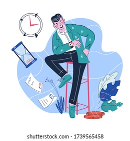 Businessman controls the time and workflow. Time Management and Business Planning, working process organization. Cartoon vector illustration isolated on white background.
