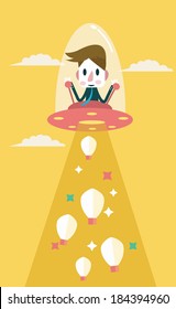 Businessman controls UFO to suck the Ideas bulb. Business concept. vector