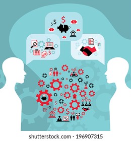 Businessman conversation, process of creating an idea. Successful business and partnership concept. Vector illustration