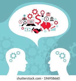 Businessman conversation, process of creating an idea. Successful business and partnership concept. Vector illustration