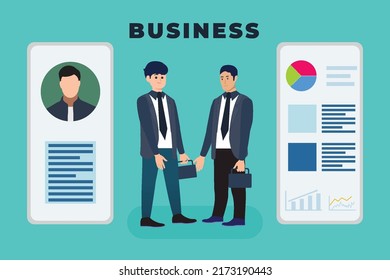 Businessman conversation and shaking hand concept vector. Man flat character illustration dealing with another businessman. Business conversation and employee flat design with graph chart and resume.