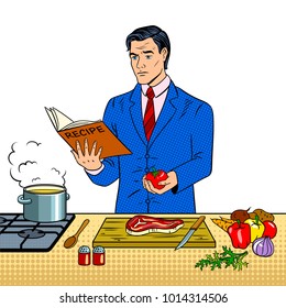 Businessman cooking food pop art retro vector illustration. Isolated image on white background. Comic book style imitation.