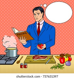 Businessman Cooking Food Pop Art Retro Vector Illustration. Comic Book Style Imitation.