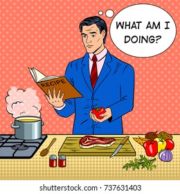 Businessman cooking food pop art retro vector illustration. Comic book style imitation.