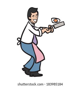 Businessman cooking fried egg with pan