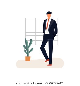 businessman cool standing front of window and plant tiny people vector flat illustration
