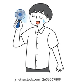 Businessman cooling off with handheld fan