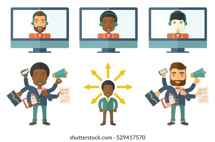 Businessman coping with multitasking. Businessman having skills of multitasking. Businessman doing multiple tasks. Concept of multitasking. Set of vector illustrations isolated on white background.