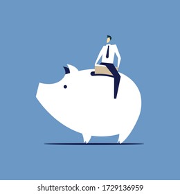 Businessman Corked A Piggy Bank.  Loan Denied Concept. Businessman Sitting Astride A Piggy Bank. Vector Illustration.