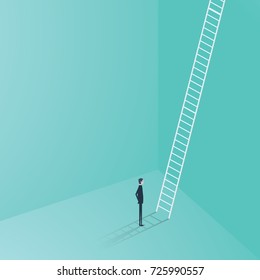 Businessman and corporate ladder vector symbol. Business concept of career development, growth, opportunity. Eps10 vector illustration.