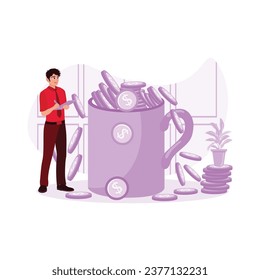 Businessman counting coins in a mug. Passive Income concept. trend modern vector flat illustration