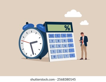 Businessman counts on a calculator. Optimization, duty, financial administration. Loan calculation, budget allocation, expense and debt pay off. Flat vector illustration