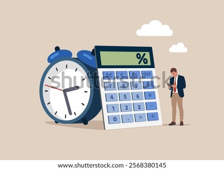 Businessman counts on a calculator. Optimization, duty, financial administration. Loan calculation, budget allocation, expense and debt pay off. Flat vector illustration