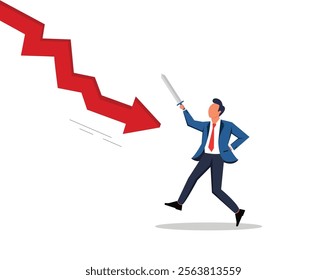 Businessman courageously battles a downward market trend, holding a sword while stepping forward, symbolizing resilience and determination against challenges in financial downturns