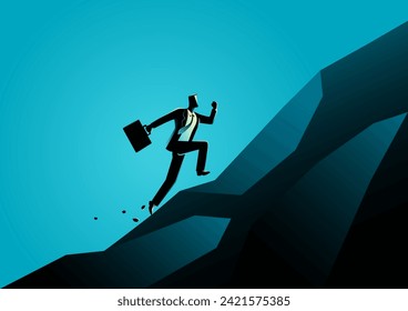 Businessman courageously running up a rough and challenging runway towards the pinnacle of a mountain, captures the spirit of perseverance and relentless pursuit of success