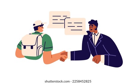 Hombre de negocios y apretón de manos de mensajero, de acuerdo. Hombre y trabajador de la subcontratación de servicios de entrega acordando la cooperación empresarial, dándose la mano. Ilustración vectorial plana aislada en fondo blanco.