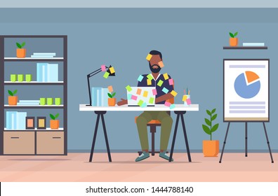 businessman covered with stick notes business planning deadline concept african american office worker using laptop sitting at workplace modern conference room interior flat full length horizontal