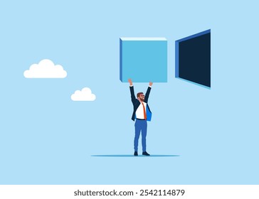 Businessman covering a black hole in the wall. Modern vector illustration in flat style