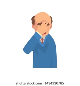 Businessman Covering His Face with Hand, Bald Man in Suit Making Facepalm Gesture, Shame, Headache, Disappointment, Negative Emotion Vector Illustration