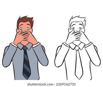 Businessman covers mouth with hands. Young man in cartoon style looks scared and is afraid to speak. Flat vector illustration isolated in white background.